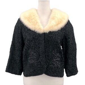 Vintage Fur Collar‎ Cocktail Jacket Ribbon Embroidery 3/4 Length Sleeves Size 12